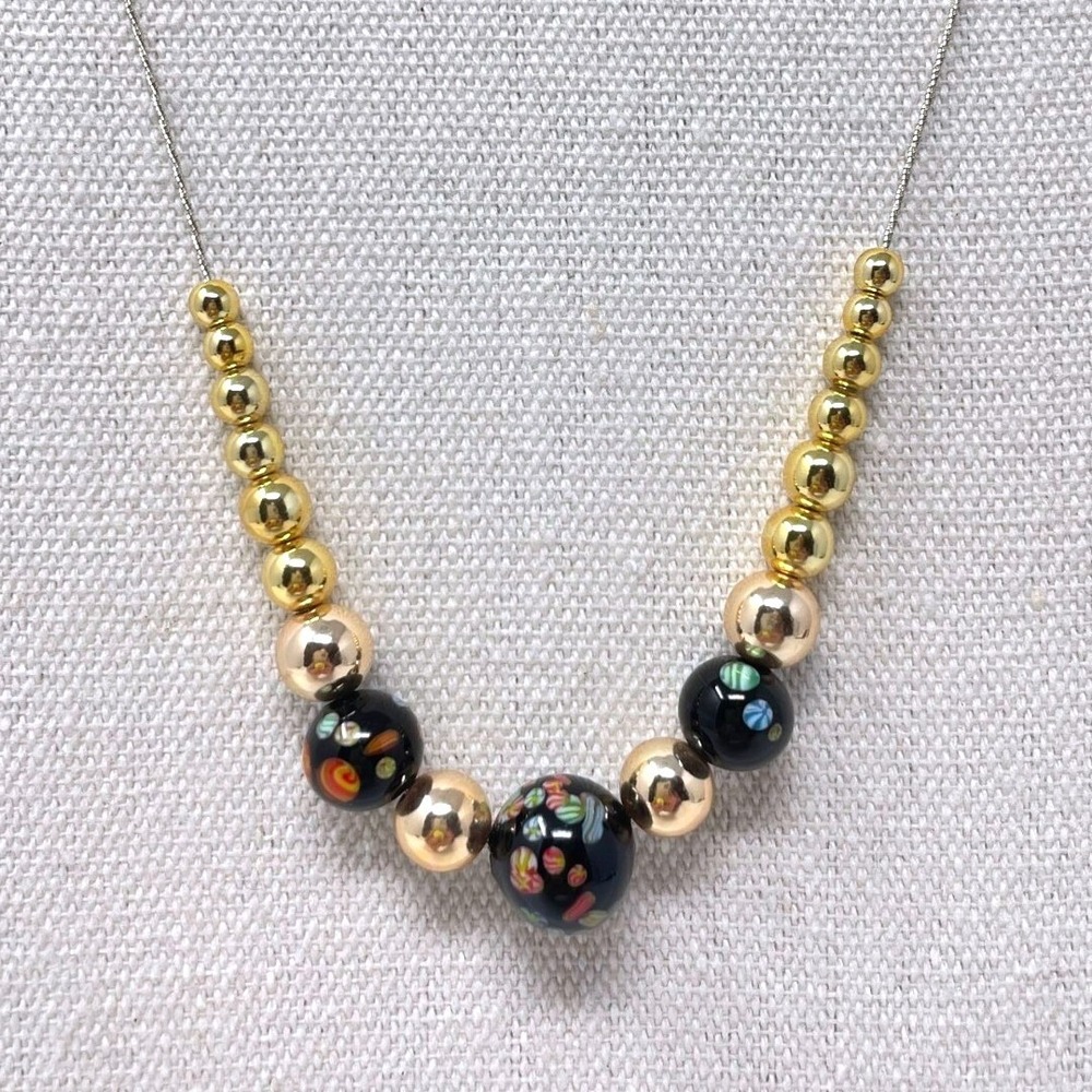 Murano Glass Millefiori Bead Necklace Long Black Gold-Tone Dainty Simple Minimal